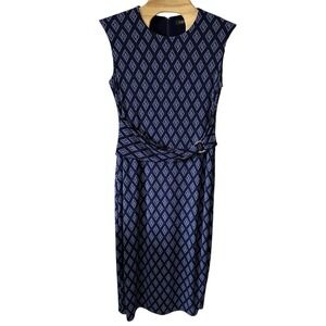 Lauren Ralph Lauren Black Label Size‎ 14 Navy Blue Monogram Print Dress Buckle